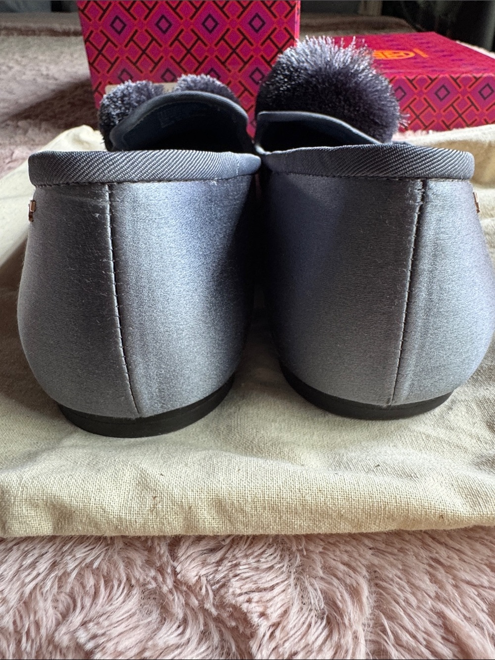 Tory Burch Slate Gray Leather Pom-Pom Loafers - Picture 14 of 14